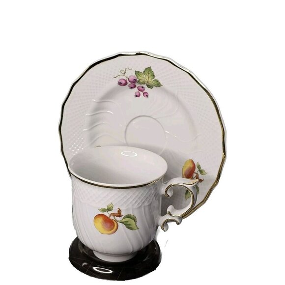 VINTAGE HOLLOHAZA Hungary PORCELAIN COFFE TEA CUP/ SAUCER SET FRUIT GOLD GILD - Picture 1 of 9
